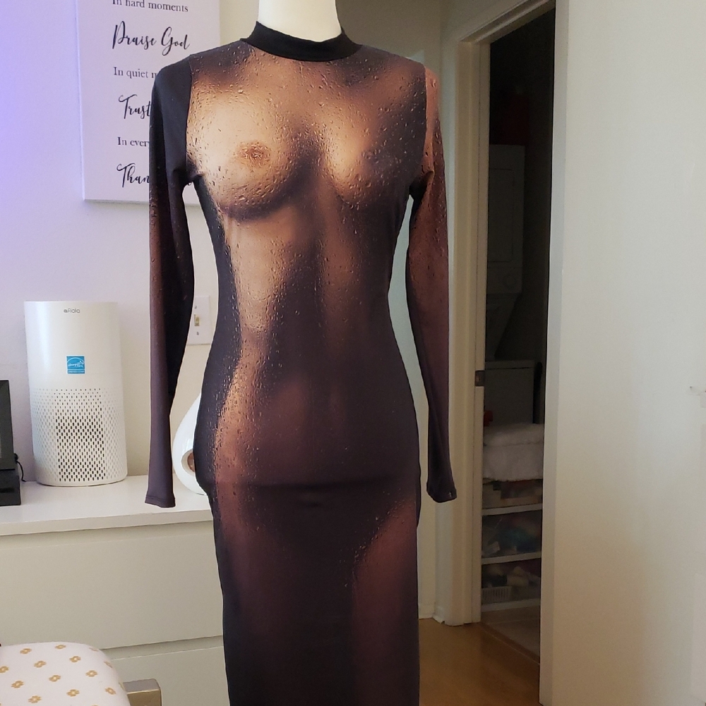 New! Chic Brown and Black Long Sleeve Mock Neck Bodycon Dress